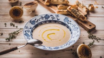 Polévka z pečené cibule a tyčinkami z listového těsta s nivou